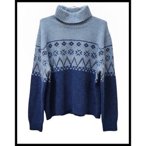 Pacas Fair Isle Turtleneck Sweater Alpaca Mohair Wool Blend Blue Gray Size XL